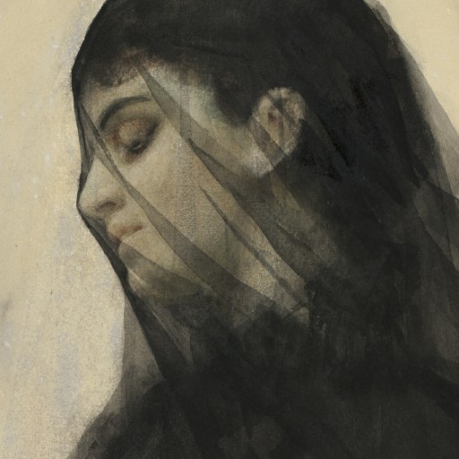 Watercolor painting of a woman in profile, wearing a black veil over her head and face, looking downward against a light background—a quiet reflection on philosophy and grief.