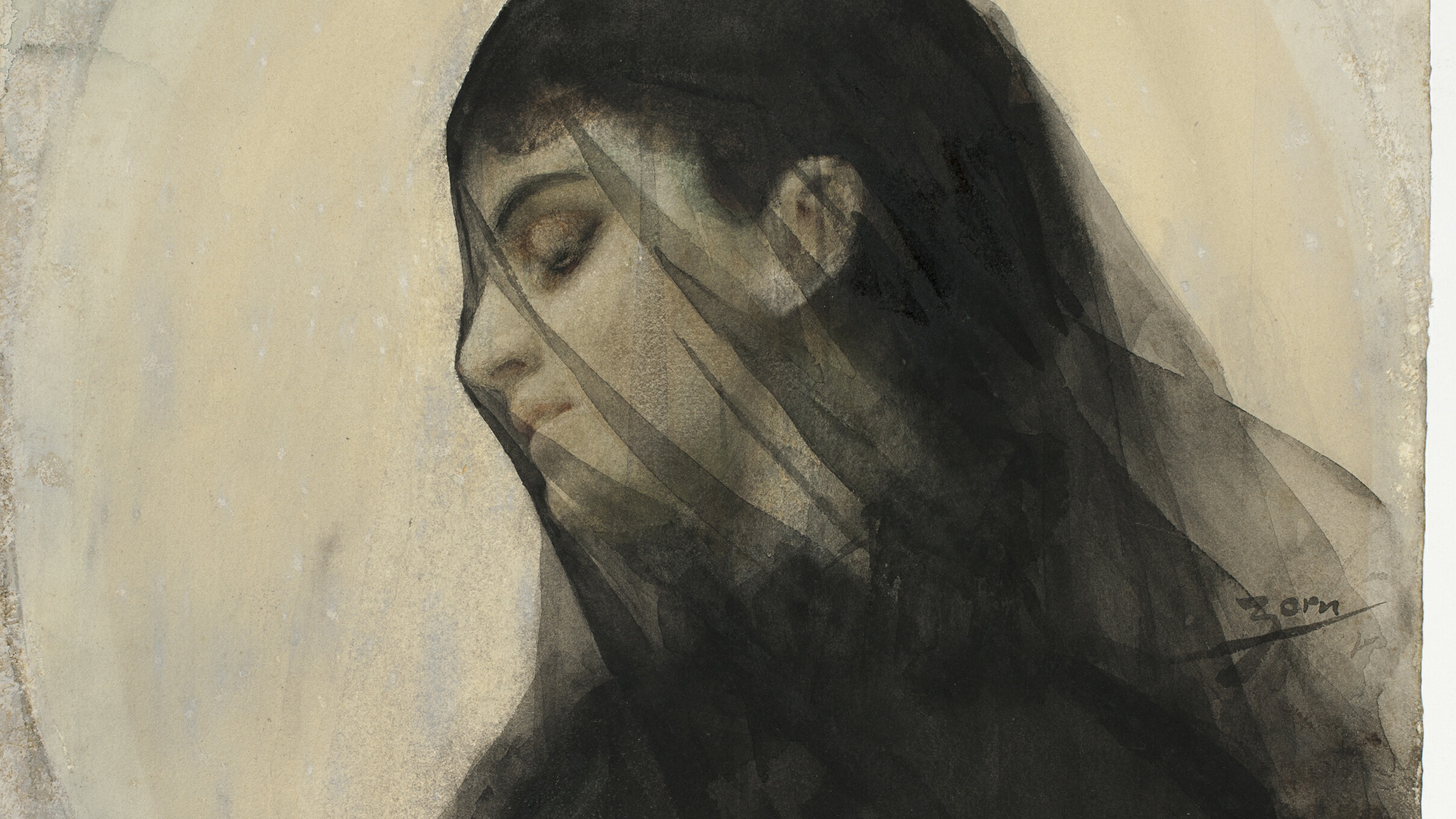 Watercolor painting of a woman in profile, wearing a black veil over her head and face, looking downward against a light background—a quiet reflection on philosophy and grief.