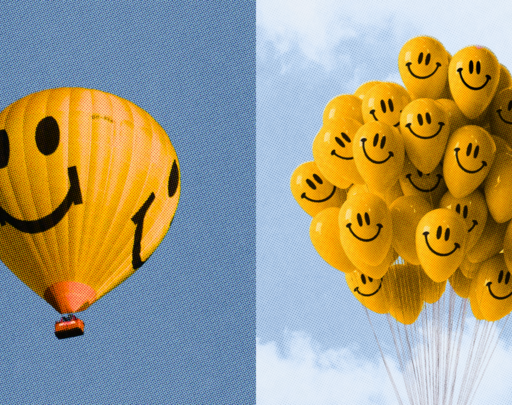 A large yellow hot air balloon with a smiley face is shown on the left; on the right, a bunch of parfit smiley face balloons float against a cloudy sky.
