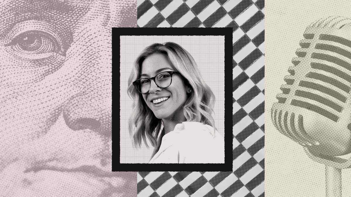 A black-and-white portrait of smiling Katie Gatti Tassin with glasses is centered on a collage featuring a close-up of a dollar bill, a checkered pattern, and a vintage microphone.