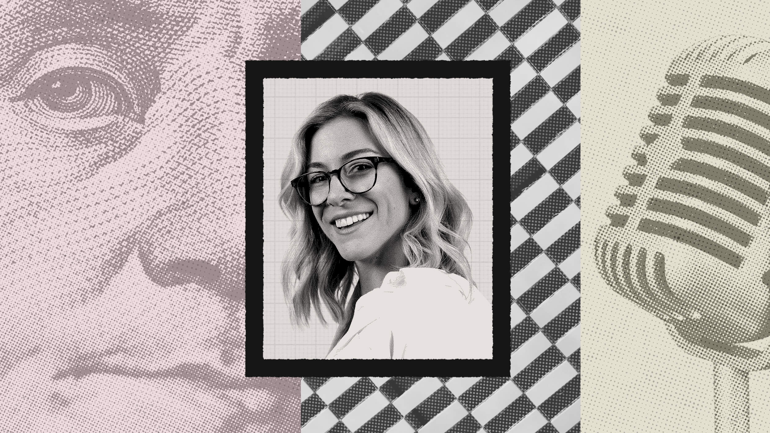 A black-and-white portrait of smiling Katie Gatti Tassin with glasses is centered on a collage featuring a close-up of a dollar bill, a checkered pattern, and a vintage microphone.