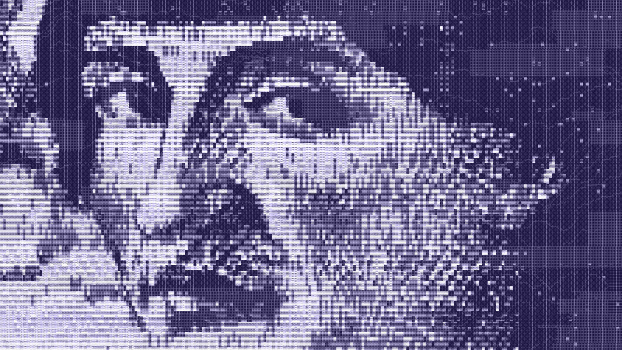 Pixelated grayscale close-up of an AI prince's face with strong contrast and visible mosaic-like squares.