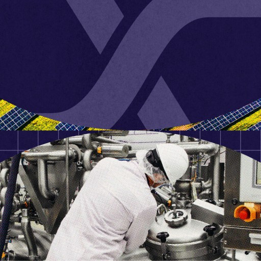 A worker in protective gear operates machinery in an industrial facility, with a partial overlay of solar panels and geometric patterns above—hinting at the innovative spirit found in stellar societies.