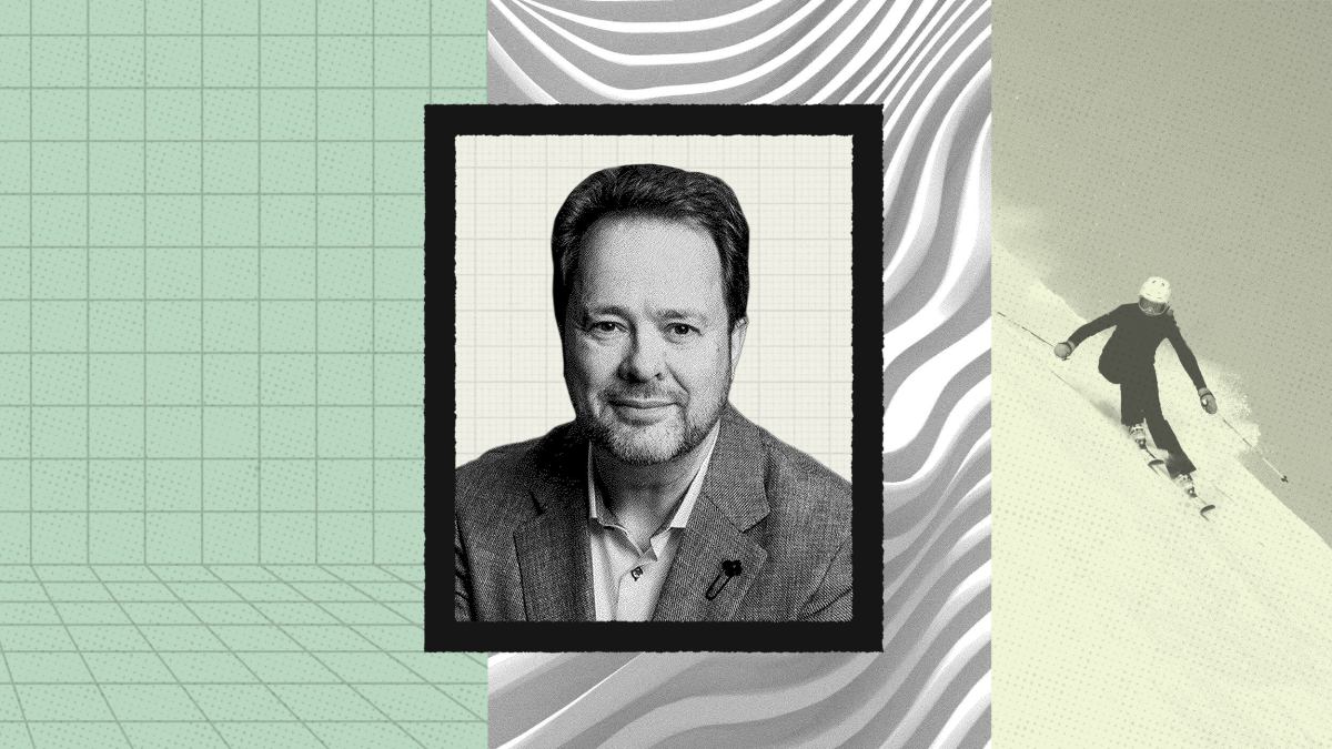 A grayscale portrait of a man in a suit is centered between a grid background and a photo of someone skiing on snow, symbolizing the future of collaboration. Abstract wavy patterns fill the upper center.