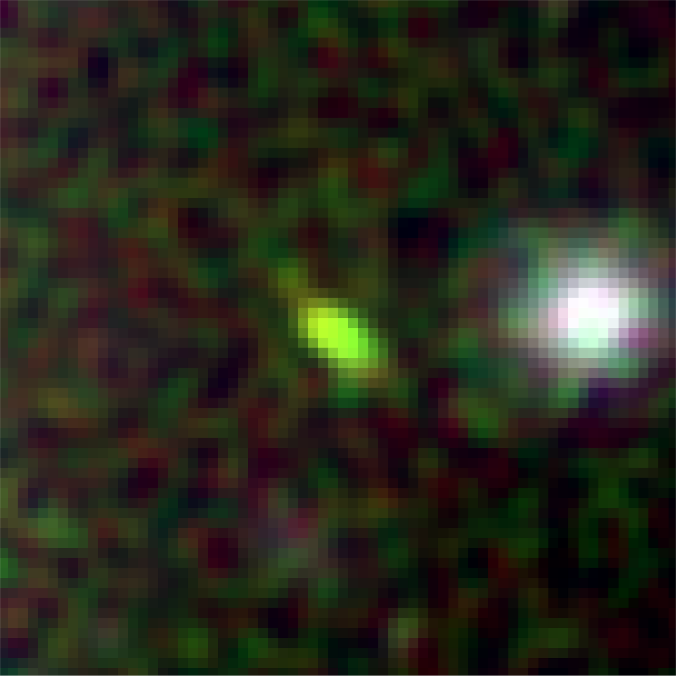 A pixelated image shows a bright green object near a white circular light source against a dark, multicolored background, capturing how the JWST discovers how we see the universe in vibrant detail.