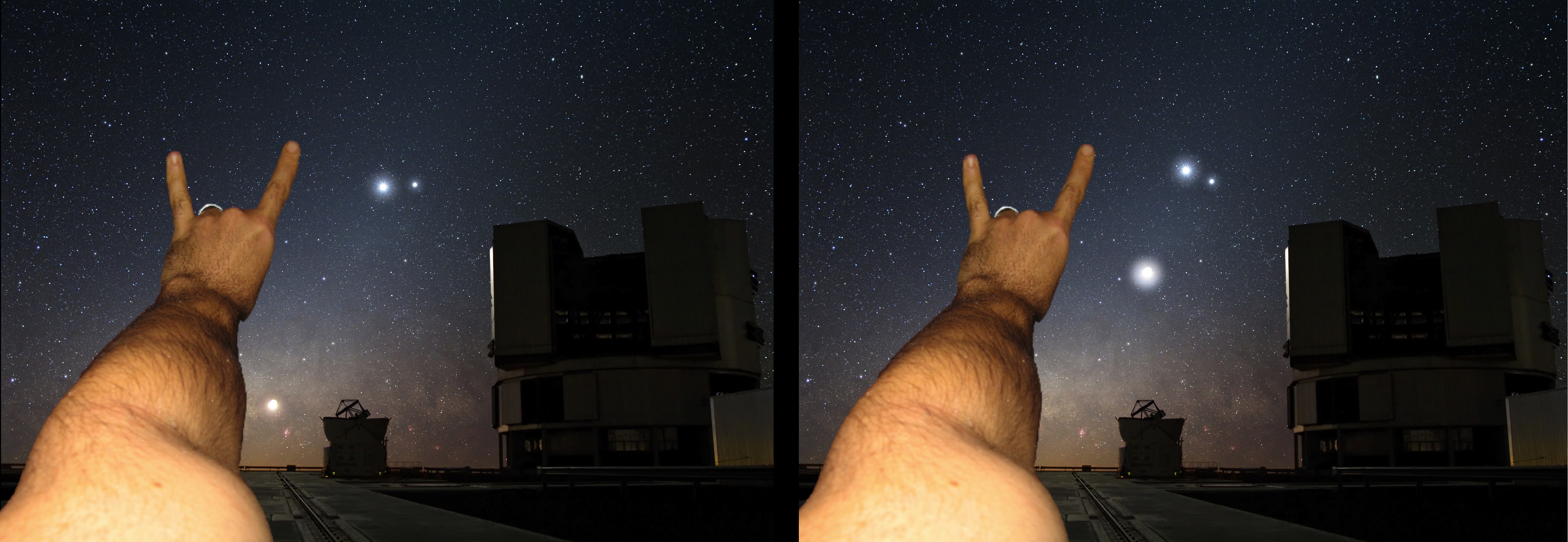 A hand with raised fingers points toward a night sky filled with bright celestial objects, hinting at 5 science lessons about the moon, while telescopes stand silhouetted in the background.