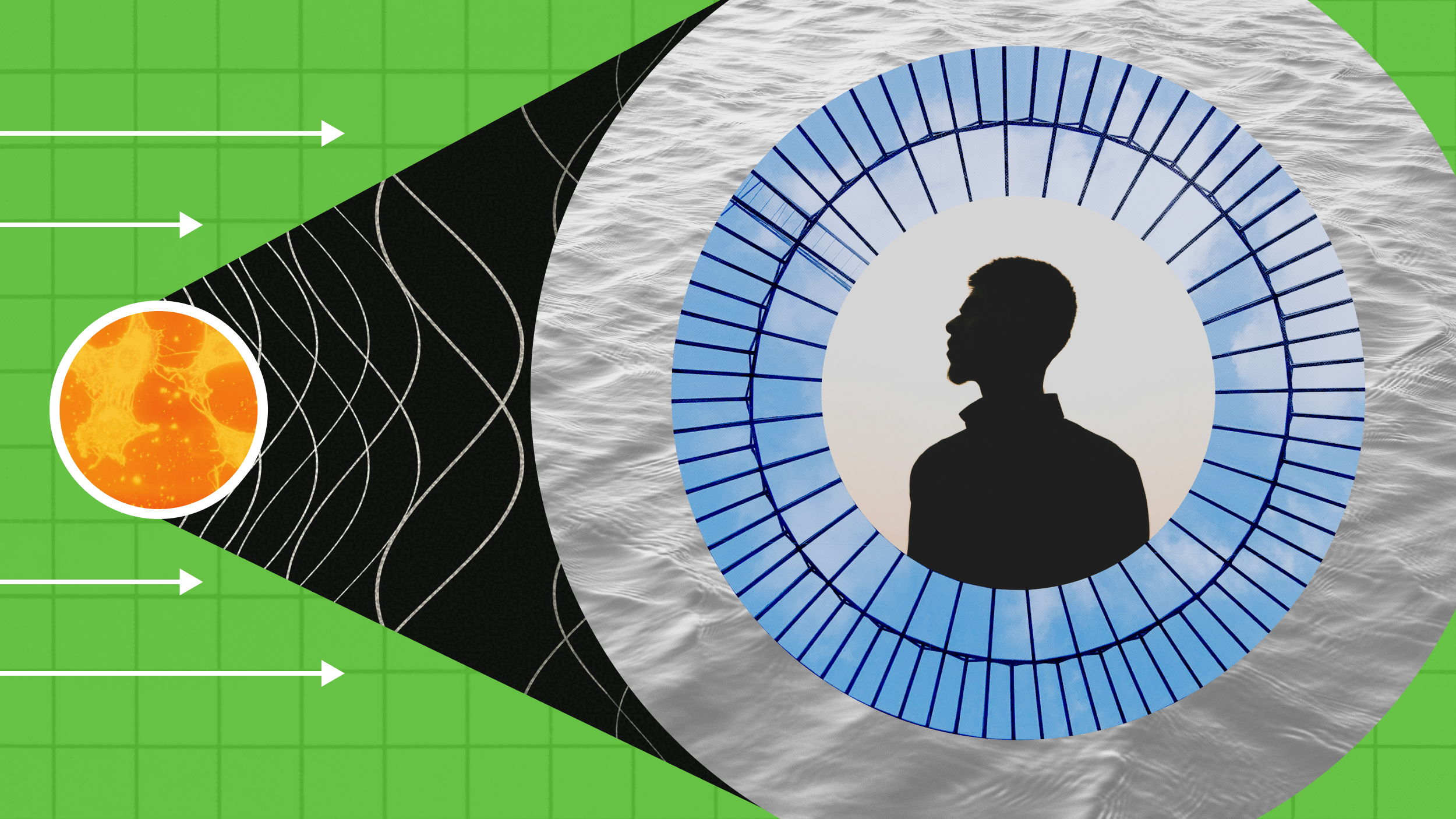 Illustration of a silhouetted person inside a circular pattern, with arrows and waves directing from a yellow sphere on a green grid background.