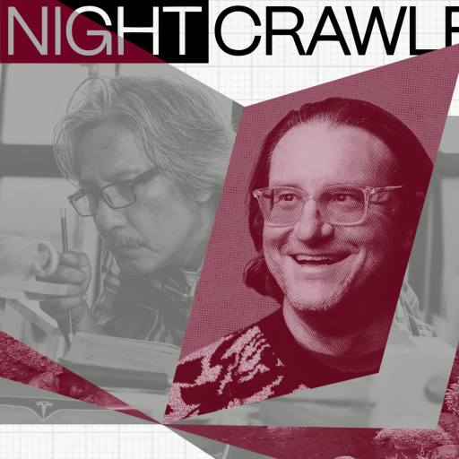 A graphic titled "The Night Crawler" features grayscale and red-tinted images of two men, one writing and one smiling—possibly Brad Feld—overlaid on a grid background with abstract shapes.