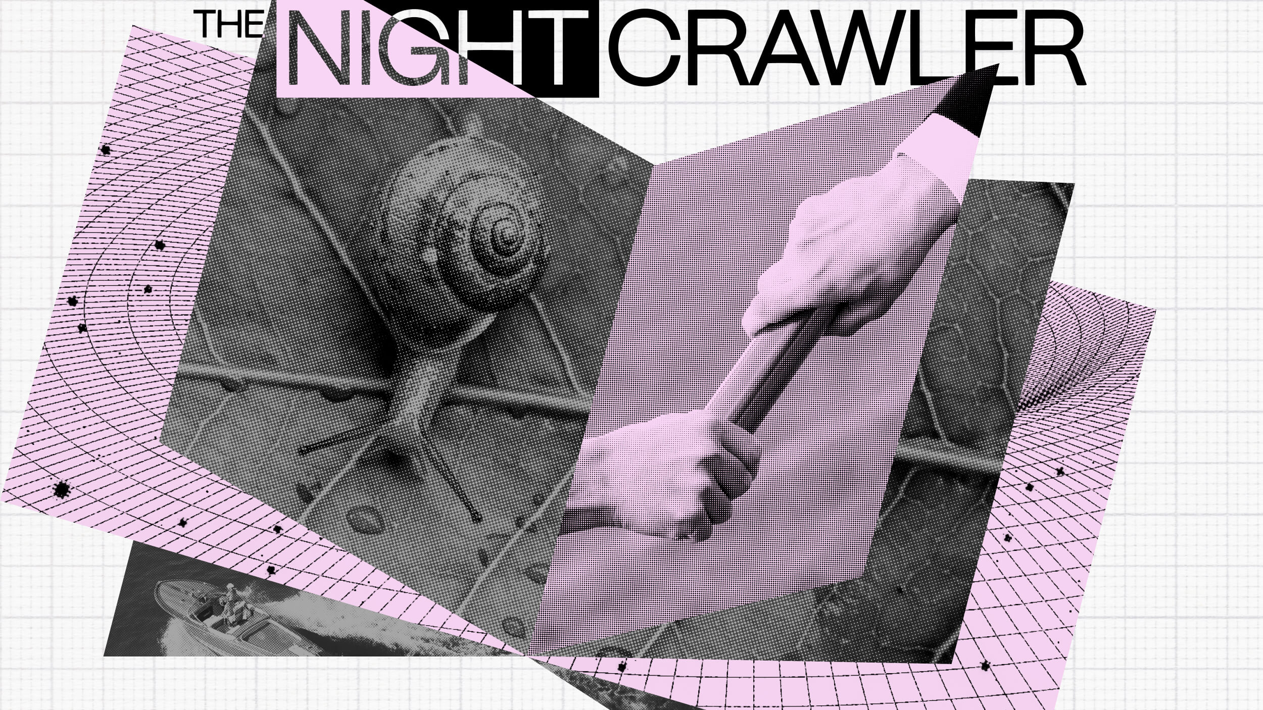 Collage featuring a snail, two hands gripping a baton symbolizing succession, and a boat, overlaid on a pink and black grid pattern with the text "THE NIGHTCRAWLER" at the top.