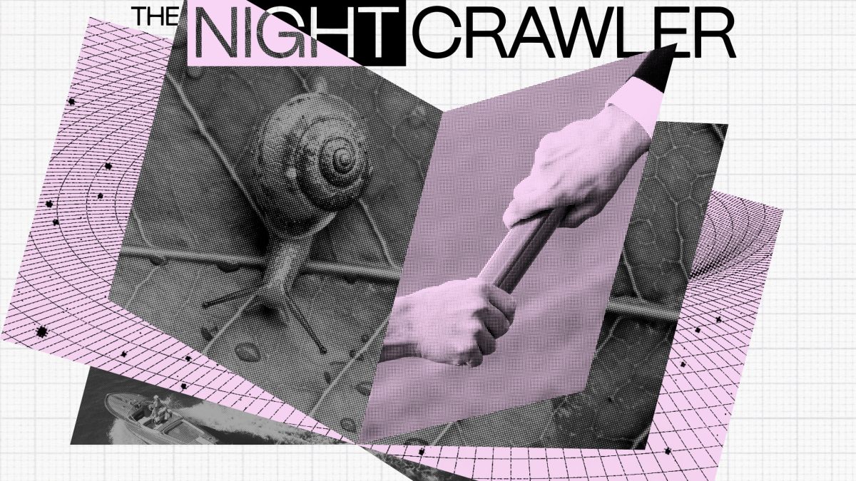 Collage featuring a snail, two hands gripping a baton symbolizing succession, and a boat, overlaid on a pink and black grid pattern with the text "THE NIGHTCRAWLER" at the top.