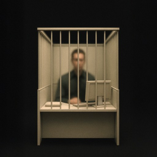 A person sits behind bars at a desk with a computer in a dimly lit setting, suggesting restriction or confinement.