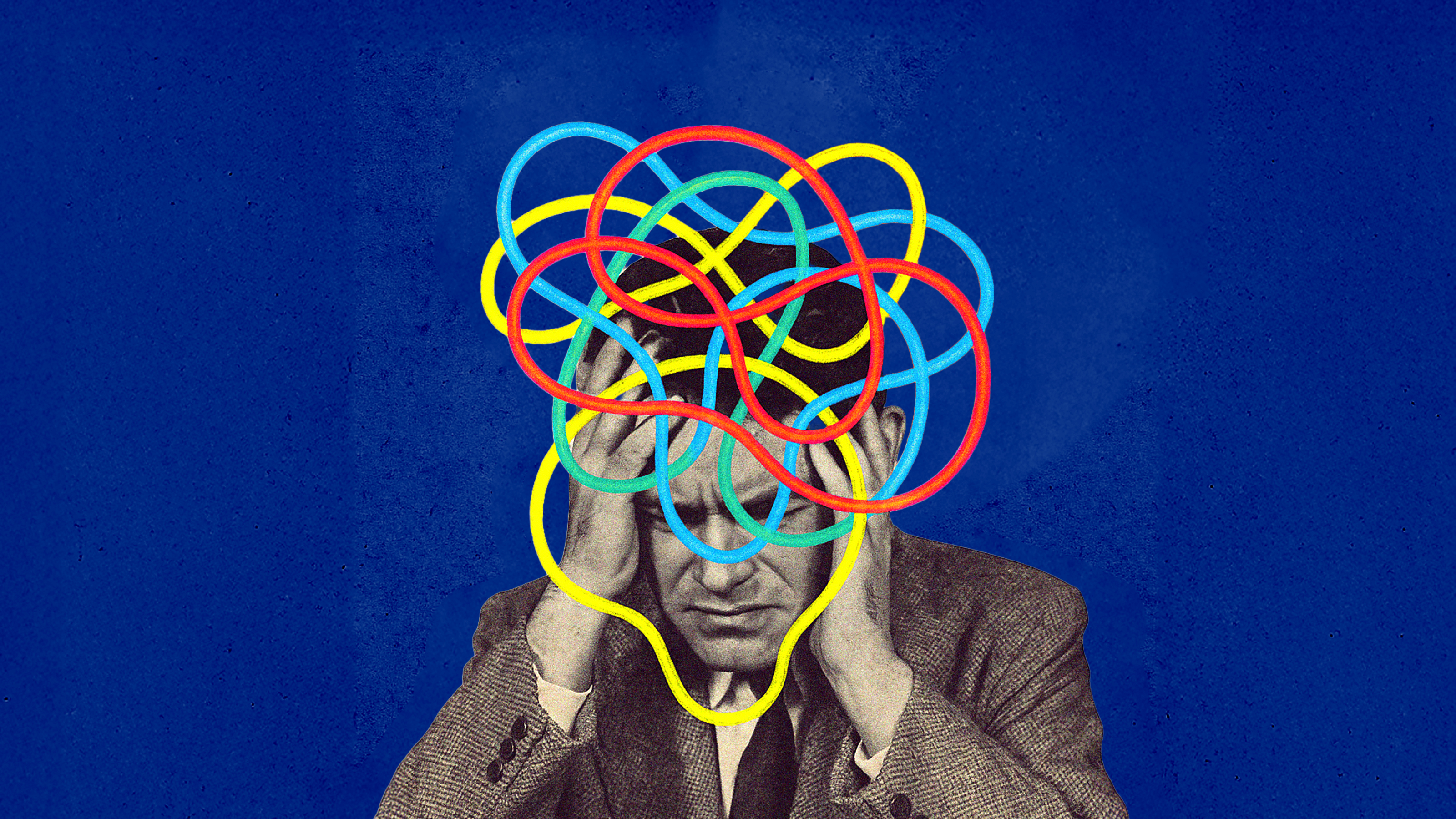 A man sits with his head in his hands, while colorful tangled lines are illustrated over his head against a blue background, suggesting confusion or mental stress.