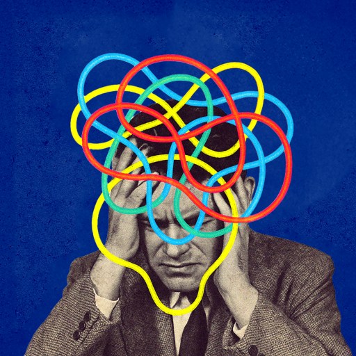 A man sits with his head in his hands, while colorful tangled lines are illustrated over his head against a blue background, suggesting confusion or mental stress.