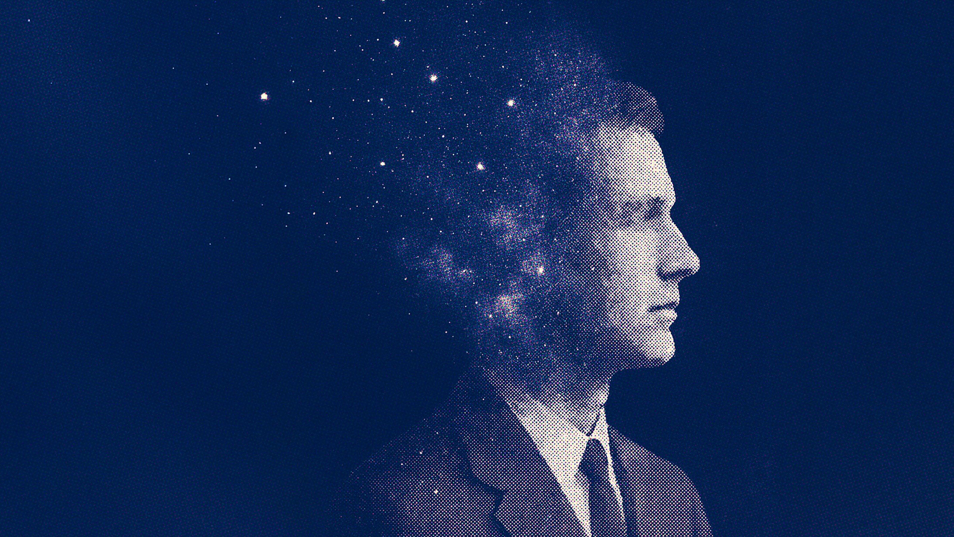 A man in a suit shown in profile, with the back of his head dissolving into a star-filled galaxy against a dark blue background.