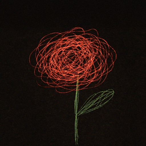 A red flower with a green stem and leaf drawn using overlapping scribbled lines on a black background.