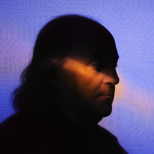 A silhouette profile of a person with long hair against a blue background featuring faint circuit board patterns; a warm light highlights their face.