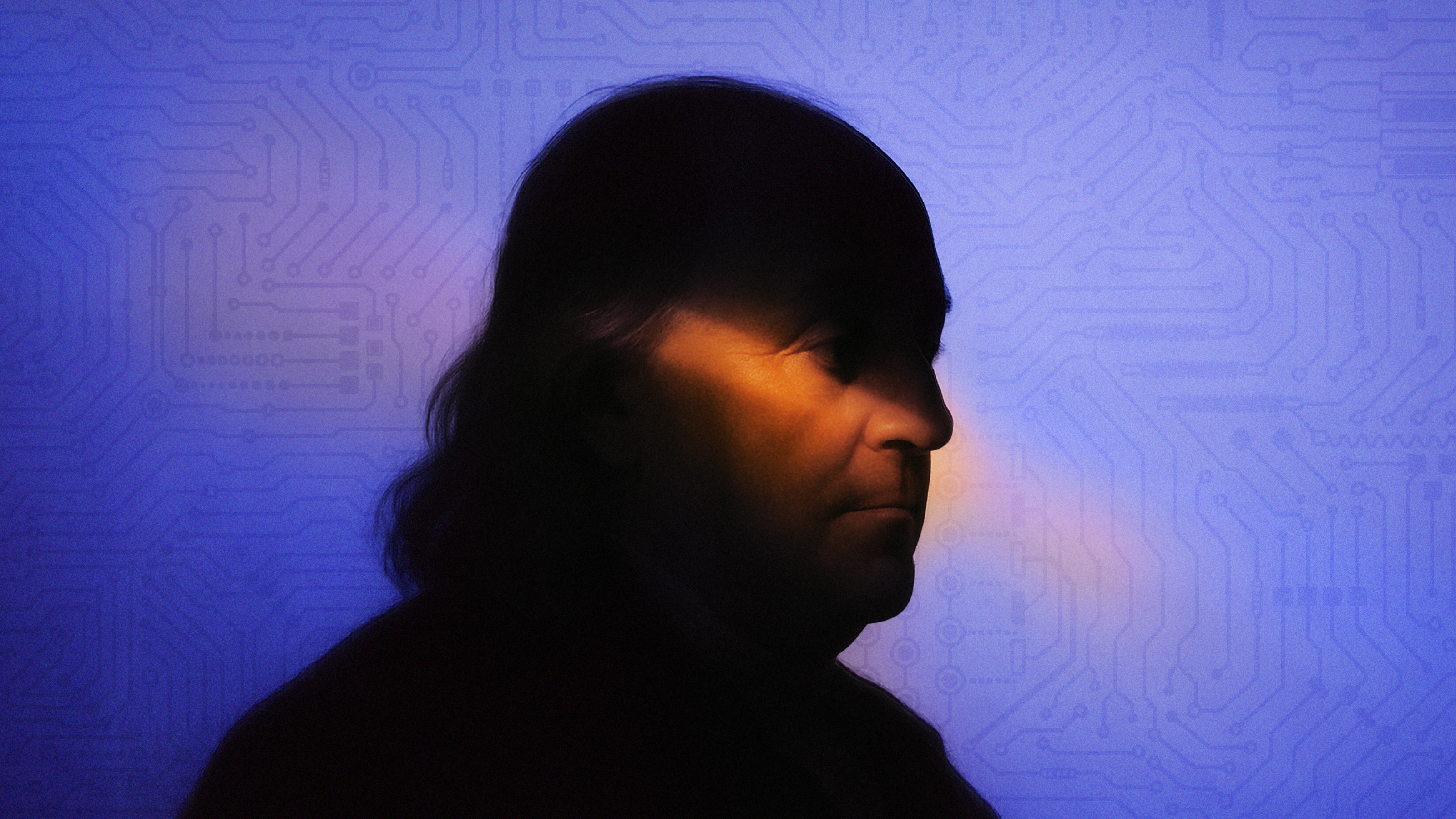 A silhouette profile of a person with long hair against a blue background featuring faint circuit board patterns; a warm light highlights their face.