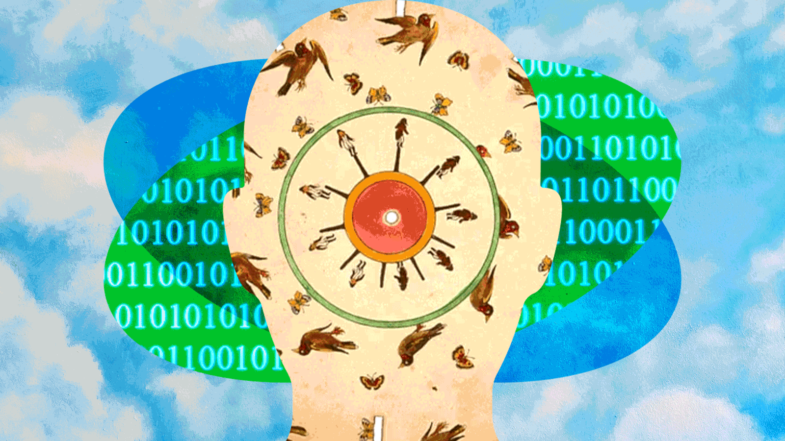 A human silhouette filled with birds and insects is overlaid with a circular target, binary code, and abstract shapes against a sky background with clouds.