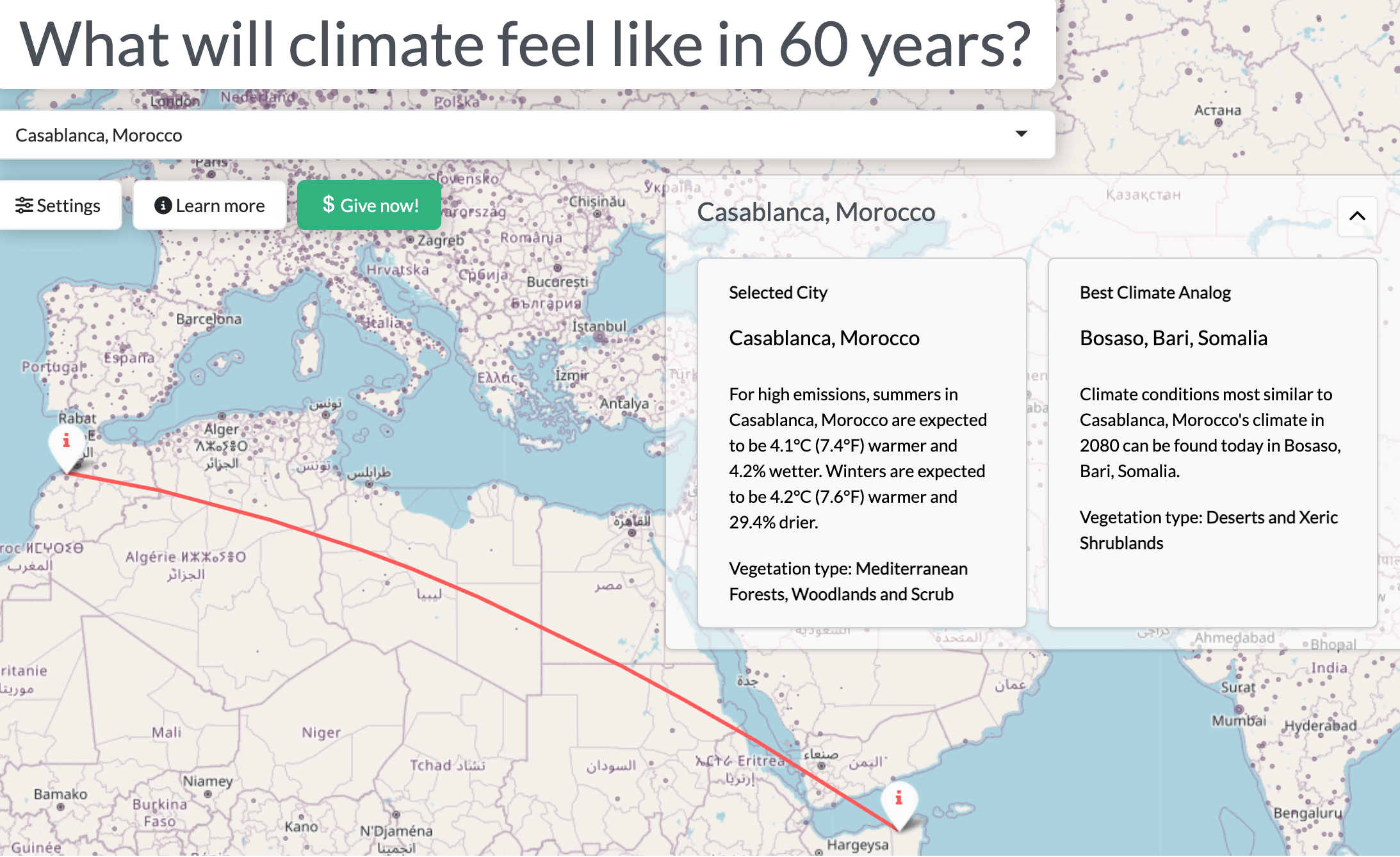 Map showing a projected climate shift for Casablanca, Morocco, to resemble Bosaso, Somalia, in 2080, including projected temperature increases and changes in vegetation type.