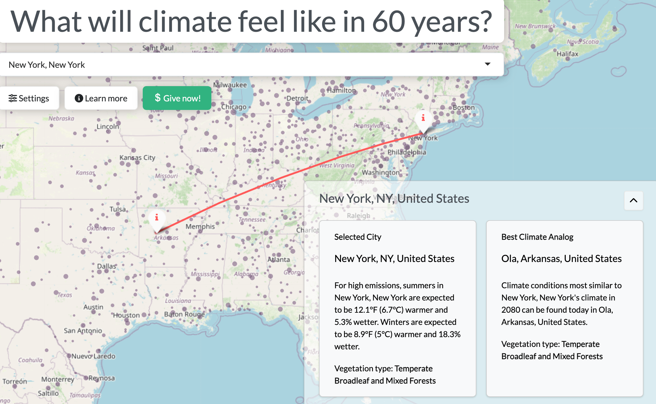 Map comparing New York, NY&rsquo;s current climate to that of Ola, Arkansas, projecting New York to be hotter and wetter in 60 years under high emissions.