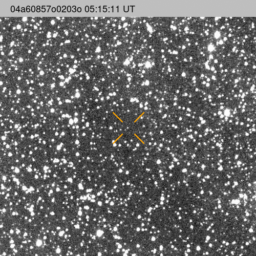 Black and white star field image with an object, possibly the third interstellar object, marked by four orange lines at center, labeled with a timestamp and identification number at the top.