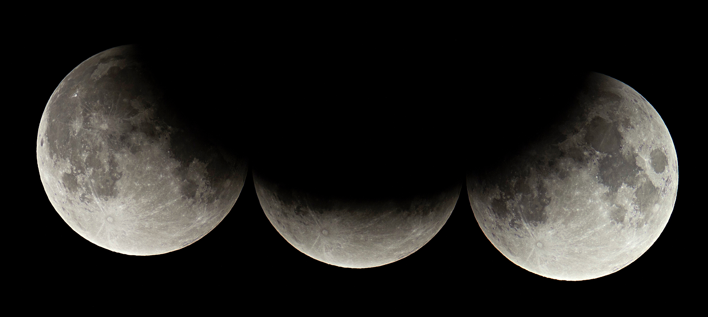 Three moons shown in different stages of a lunar eclipse, with Earth's shadow gradually moving across the surface from left to right&mdash;perfect for illustrating 5 science lessons about the moon.