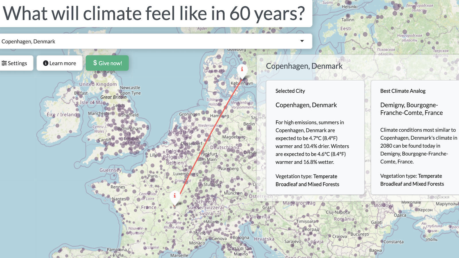 Map showing Copenhagen, Denmark’s projected 2080 climate as similar to Demigny, France today, with a red arrow connecting the two cities and climate details listed in pop-up boxes.