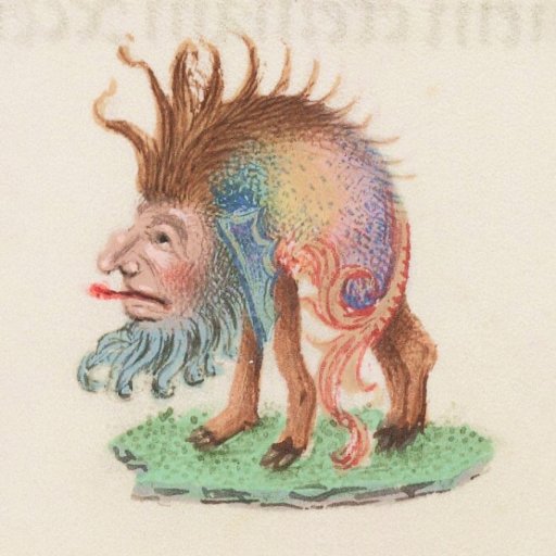 A fantastical creature with a human face, colorful body, four legs, and spiky hair stands on grass, illustrated in a medieval manuscript style.