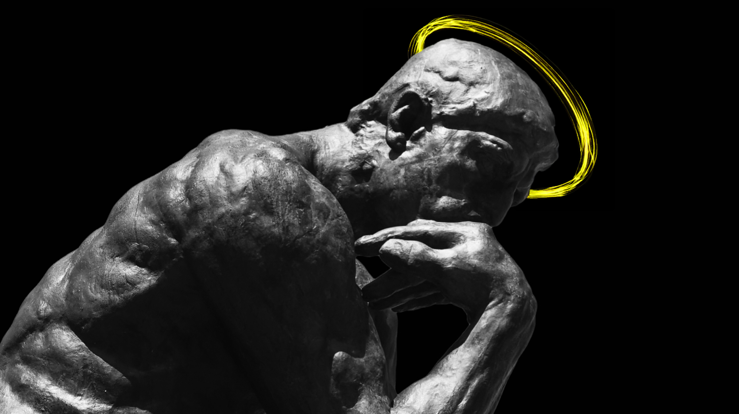 A grayscale photo of the sculpture "The Thinker" with a digitally added yellow halo above its head, set against a black background.
