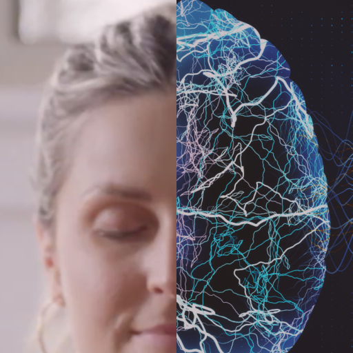 A split image showing the left half of a woman's face and the right half as a digital brain with neural connections and data waves.