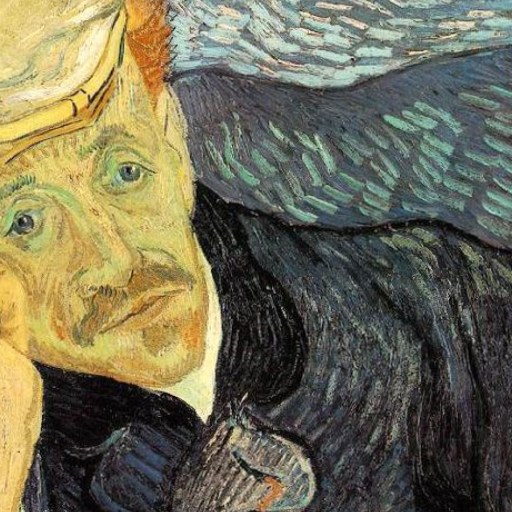 Painting of a man with red hair and a mustache wearing a white cap, resting his head on his hand, set against a swirling blue background with touches of van Gogh yellow paint highlighting the scene.