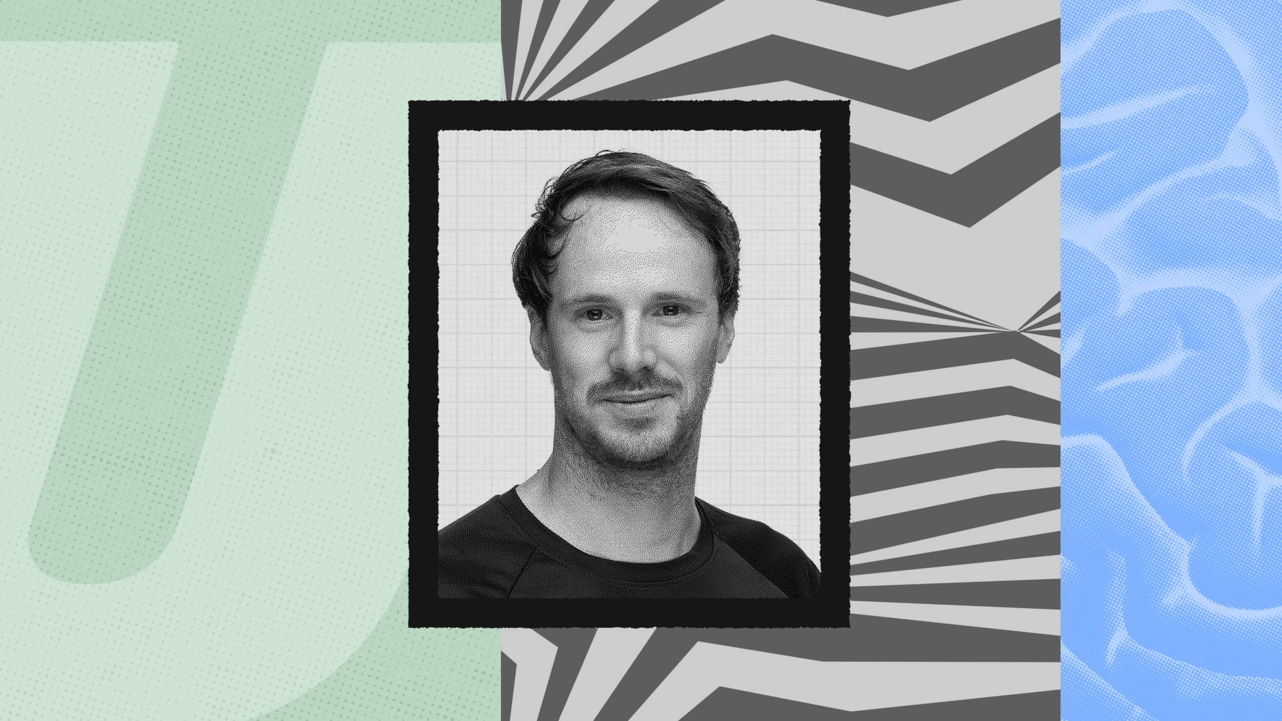 Alex Partridge, a man with short hair and light facial hair, poses for a portrait. The background features abstract geometric and textured patterns in green, black, white, and blue.