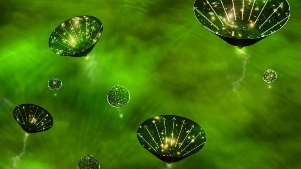 Green abstract image with floating, glowing funnel-shaped objects and spherical wireframe shapes evokes a black hole universe, all set against a misty green background with ethereal light streaks.