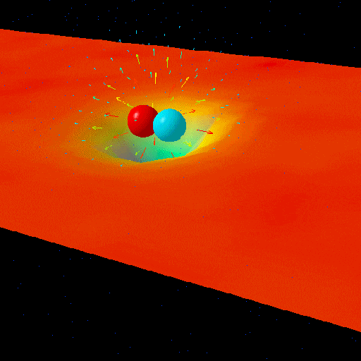 A visual simulation of two objects orbiting and merging, distorting a red-orange grid representing spacetime—illustrating gravitational waves once thought to be the worst prediction in science.