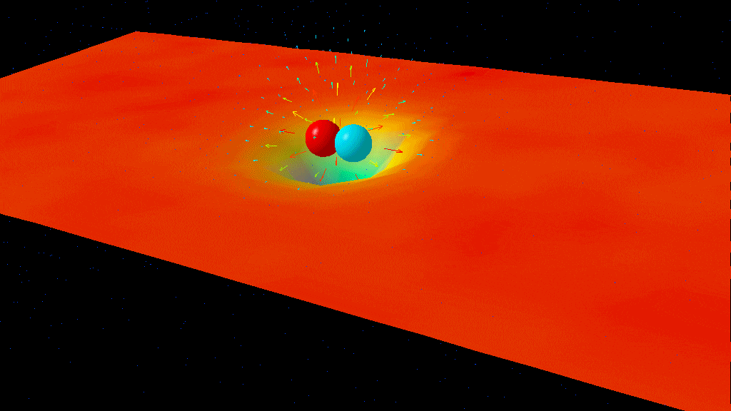 A visual simulation of two objects orbiting and merging, distorting a red-orange grid representing spacetime—illustrating gravitational waves once thought to be the worst prediction in science.