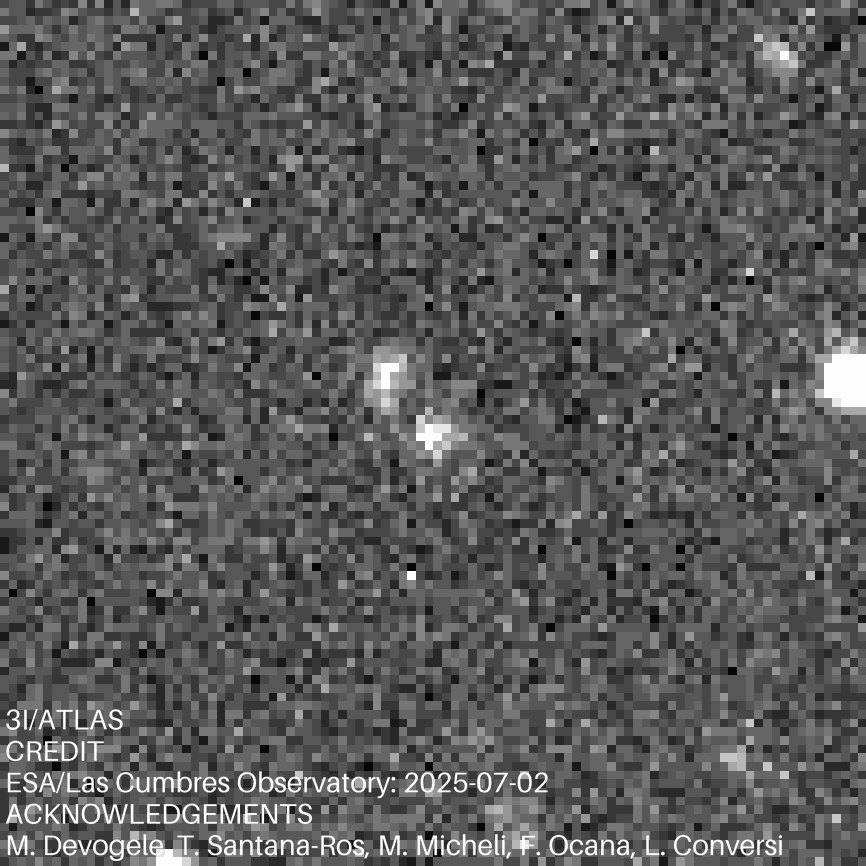 Black-and-white telescope image showing a small, bright object&mdash;possibly the third interstellar object&mdash;with a faint, curved shape among many scattered stars. Text at the bottom credits the observatory and researchers.