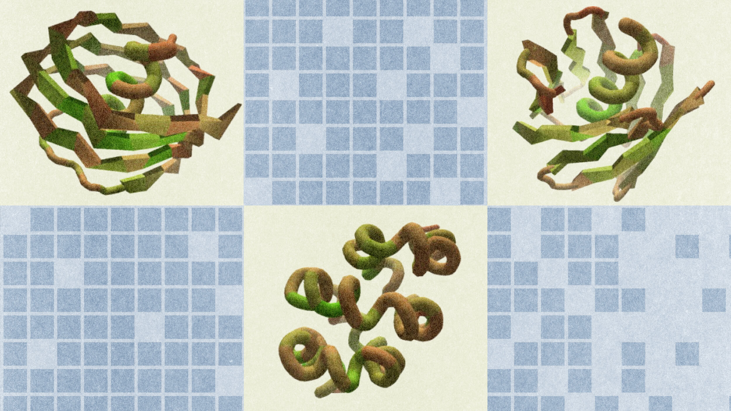 Three different 3D protein structures are displayed on a light grid-patterned background, each occupying a separate quadrant in the image.