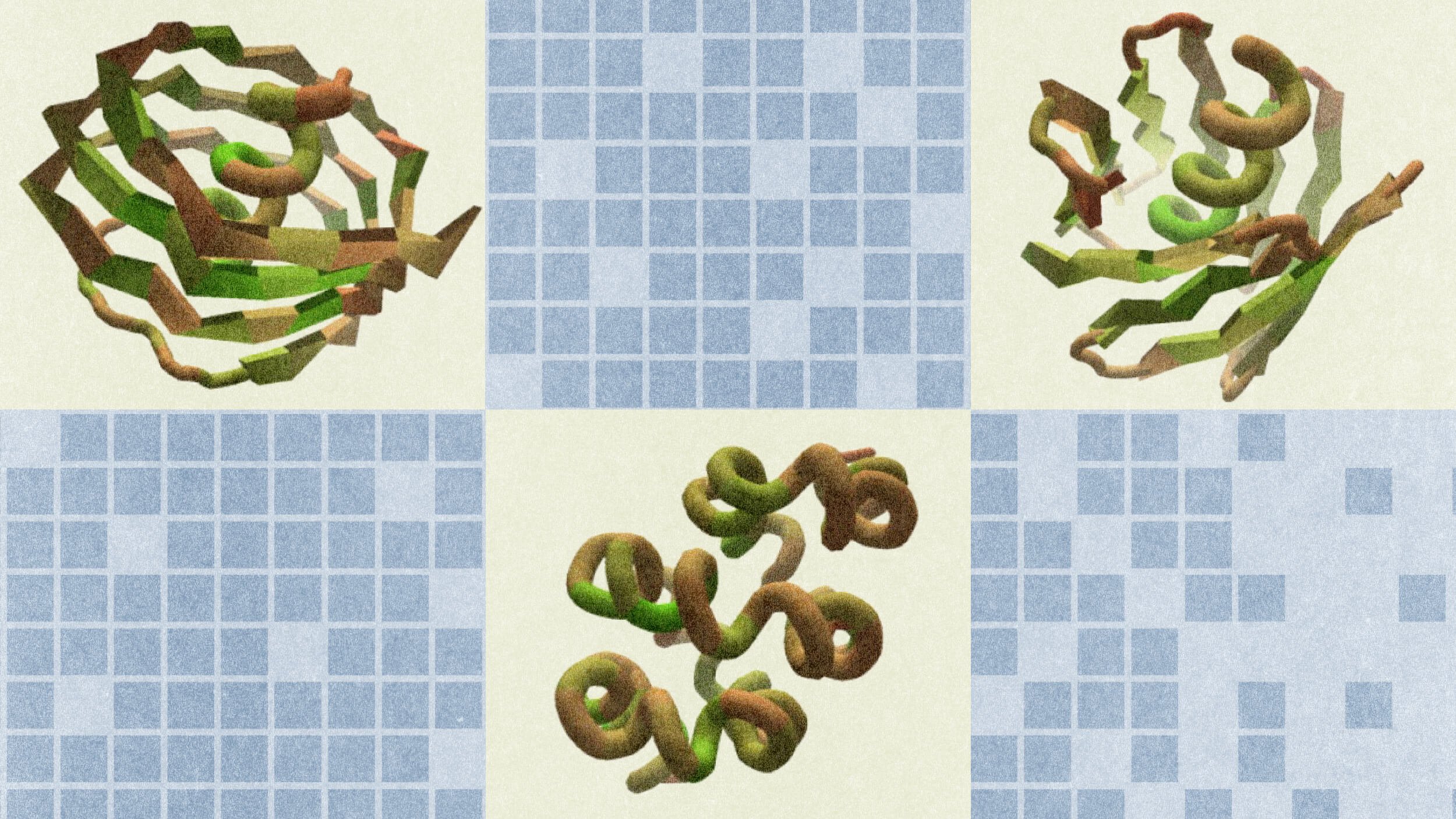 Three different 3D protein structures are displayed on a light grid-patterned background, each occupying a separate quadrant in the image.