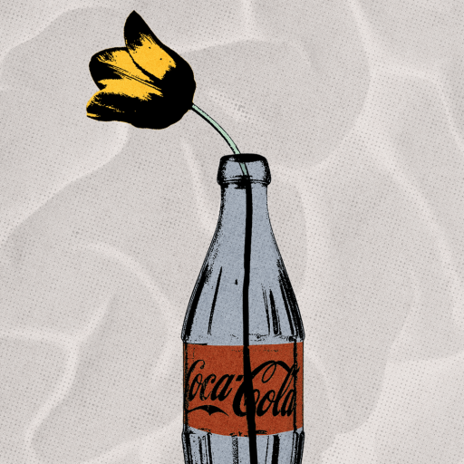 Illustration of a yellow flower placed inside an empty glass Coca-Cola bottle against a textured, light-colored background, subtly contrasting nature’s simplicity with symbols sometimes co-opted by extremism.