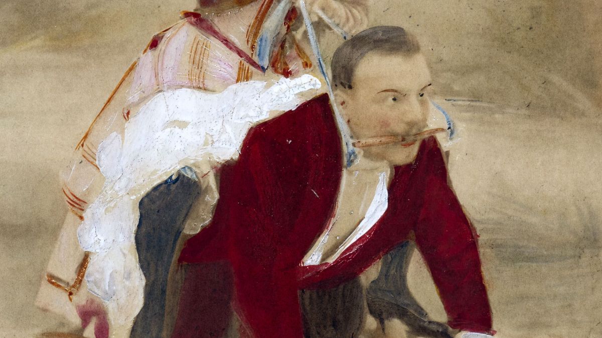 A man dressed in red crawls on all fours with a bit in his mouth, while a woman in a checkered dress rides on his back, indulging in a playful kink scenario.