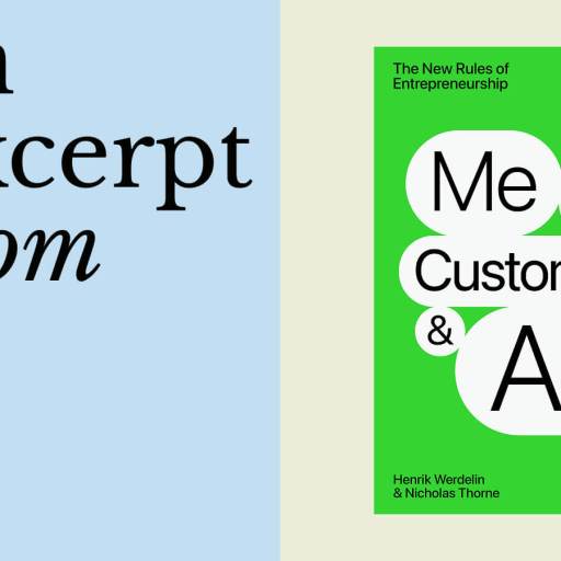 The image shows the cover of the book "Me, My Customer & AI" by Henrik Werdelin and Nicholas Thorne alongside the text "an excerpt from," set on a split blue and green background, hinting at the future of headless agents in business.