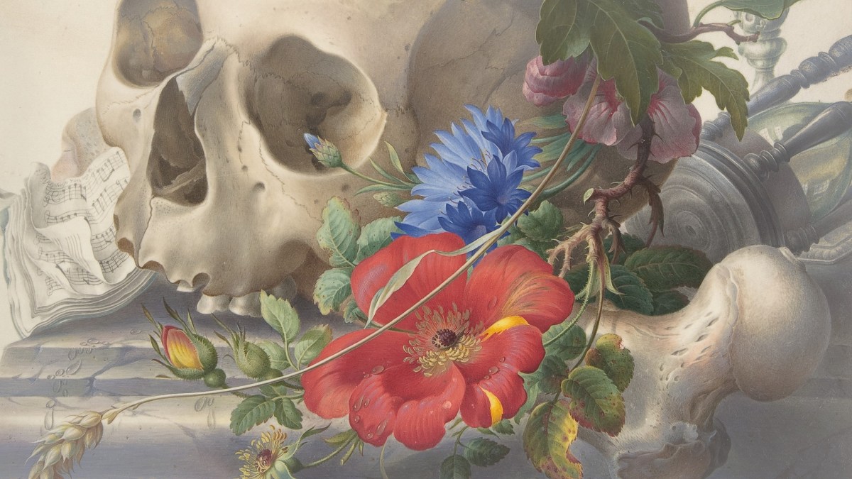 A human skull and bone rest beside colorful flowers and sheet music in a detailed memento mori still life composition.