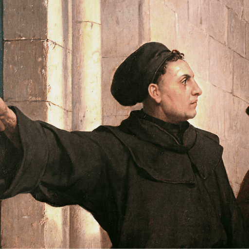 A man in historical clothing nails a document featuring a cartoon animal face—a nod to popular memes—to a wooden door, while two others watch.