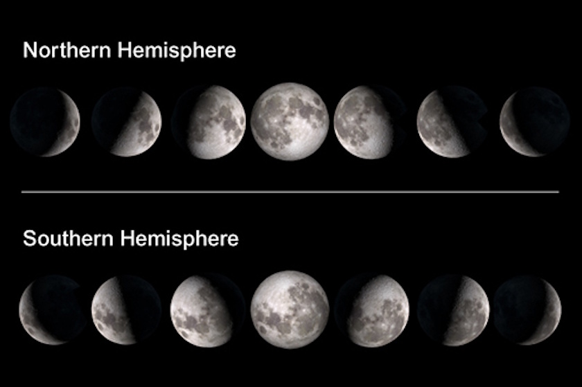 Diagram showing the phases of the Moon as seen from the Northern Hemisphere (top) and Southern Hemisphere (bottom), illustrating key differences&mdash;perfect for 5 science lessons on moon observation and understanding lunar phases.