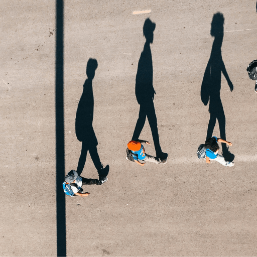 Aerial view of people walking on a paved surface, casting long shadows behind them in bright sunlight.
