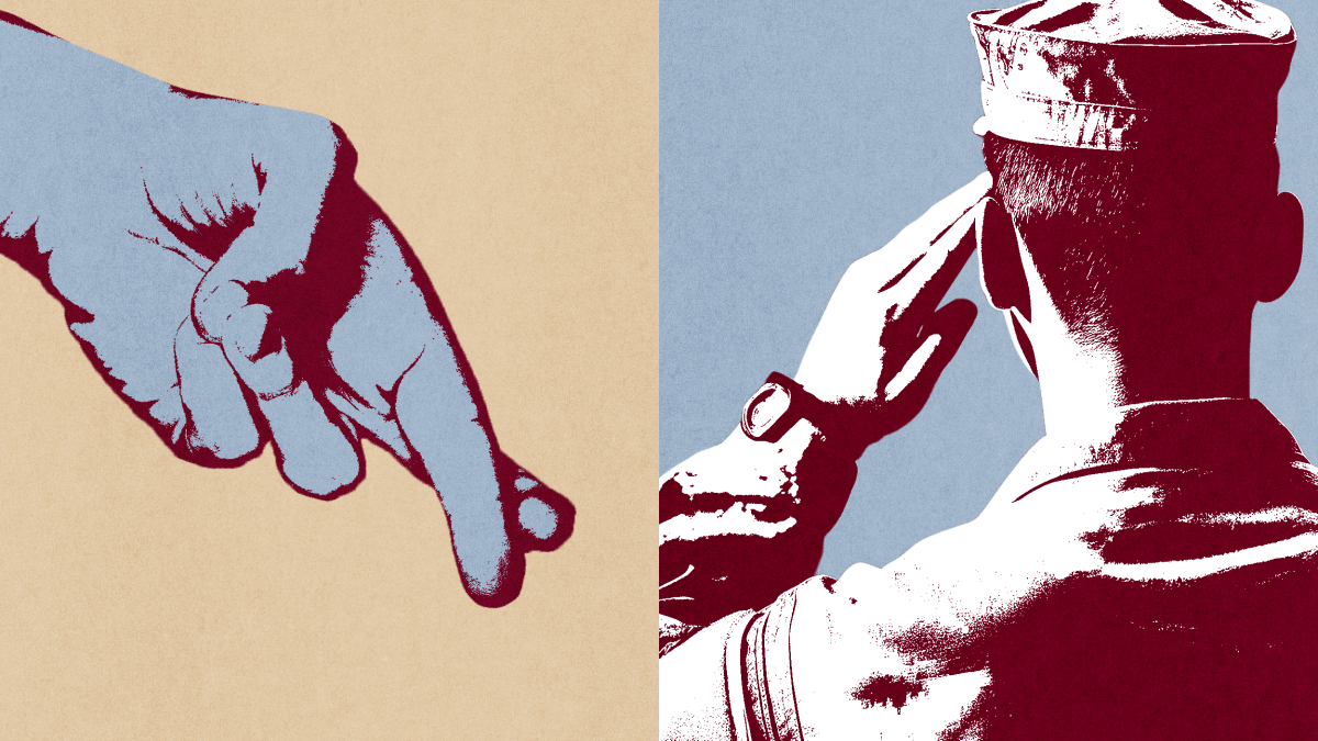 A split image shows a hand with fingers crossed on the left, evoking the idea of a noble lie, and a person in military uniform saluting on the right.