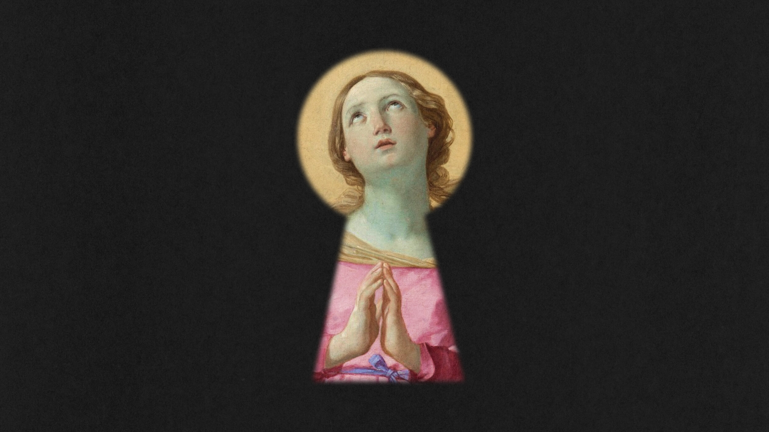 A painting of a praying woman with clasped hands and an upward gaze appears through the outline of a keyhole, set against a black background, evoking an air of mysticism.