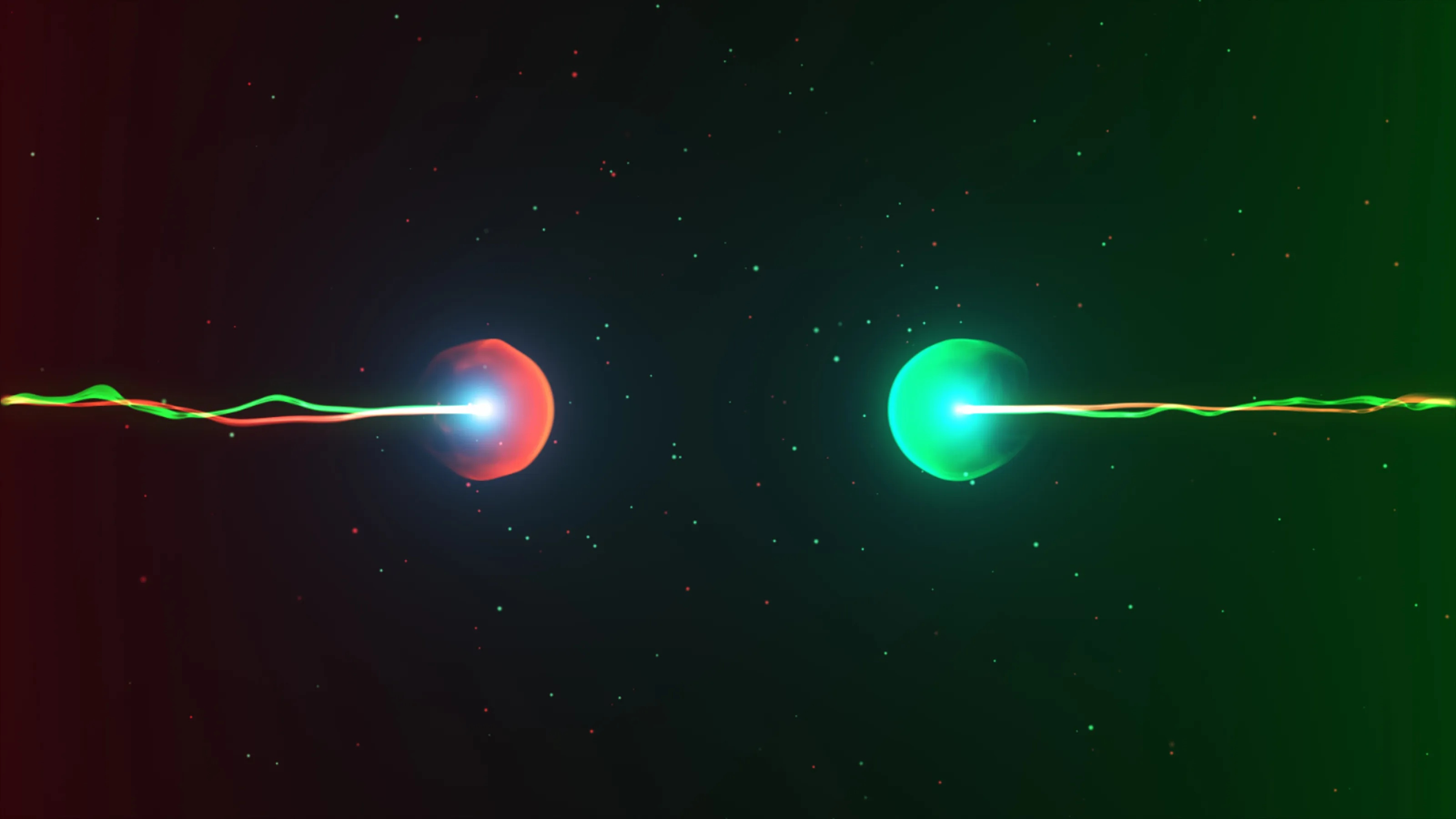 Two glowing spheres, one red and one green, face each other in space with a wavy line of light&mdash;like a particle physics collision&mdash;connecting them against a speckled dark background reminiscent of the last collider&rsquo;s discoveries.