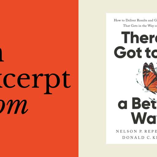 Split image: Left side has the words "an excerpt from" on a red background; right side features the book cover "There's Got to Be a Better Way" by Repenning & Kieffer, highlighting insights on dynamic work design with a butterfly illustration.