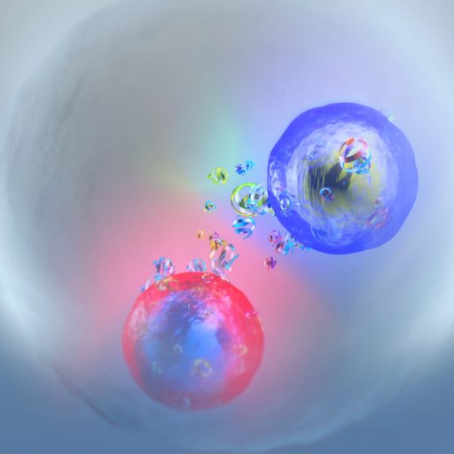 Two colorful, semi-transparent spheres, one blue and one red, represent a possible top quark bound state, toponium, surrounded by small particles inside a cloudy, circular enclosure.